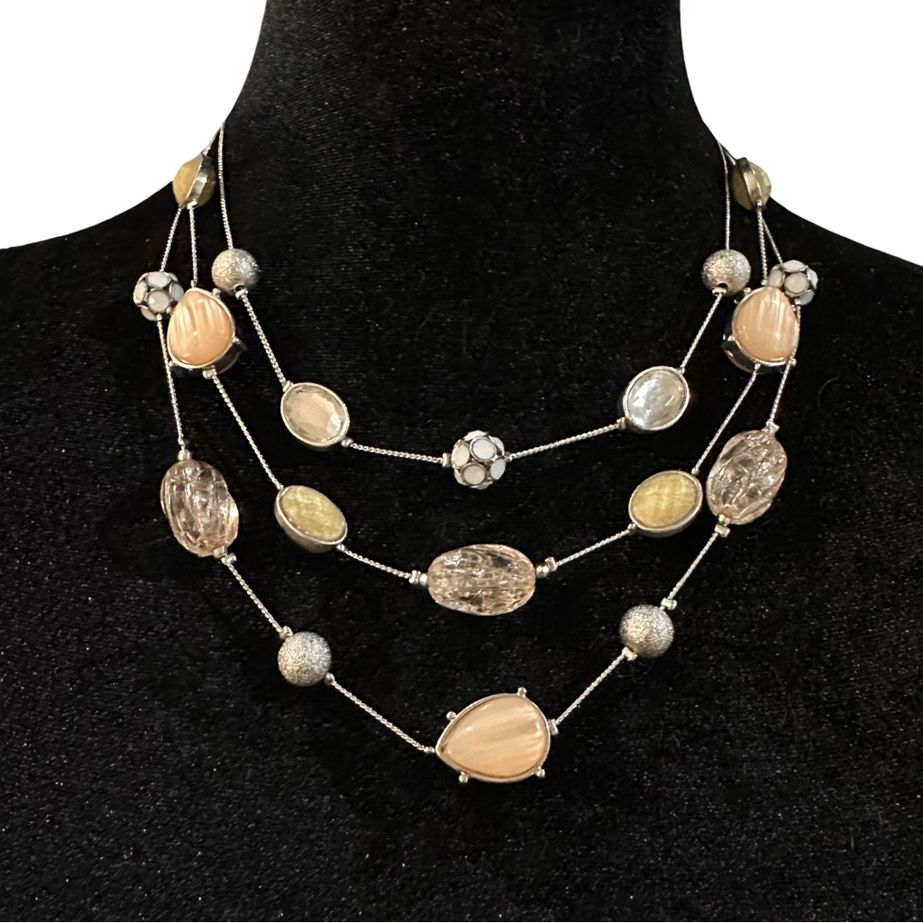 New York Co Triple Strand Necklace Silver Tone Peach Casual Career 12$